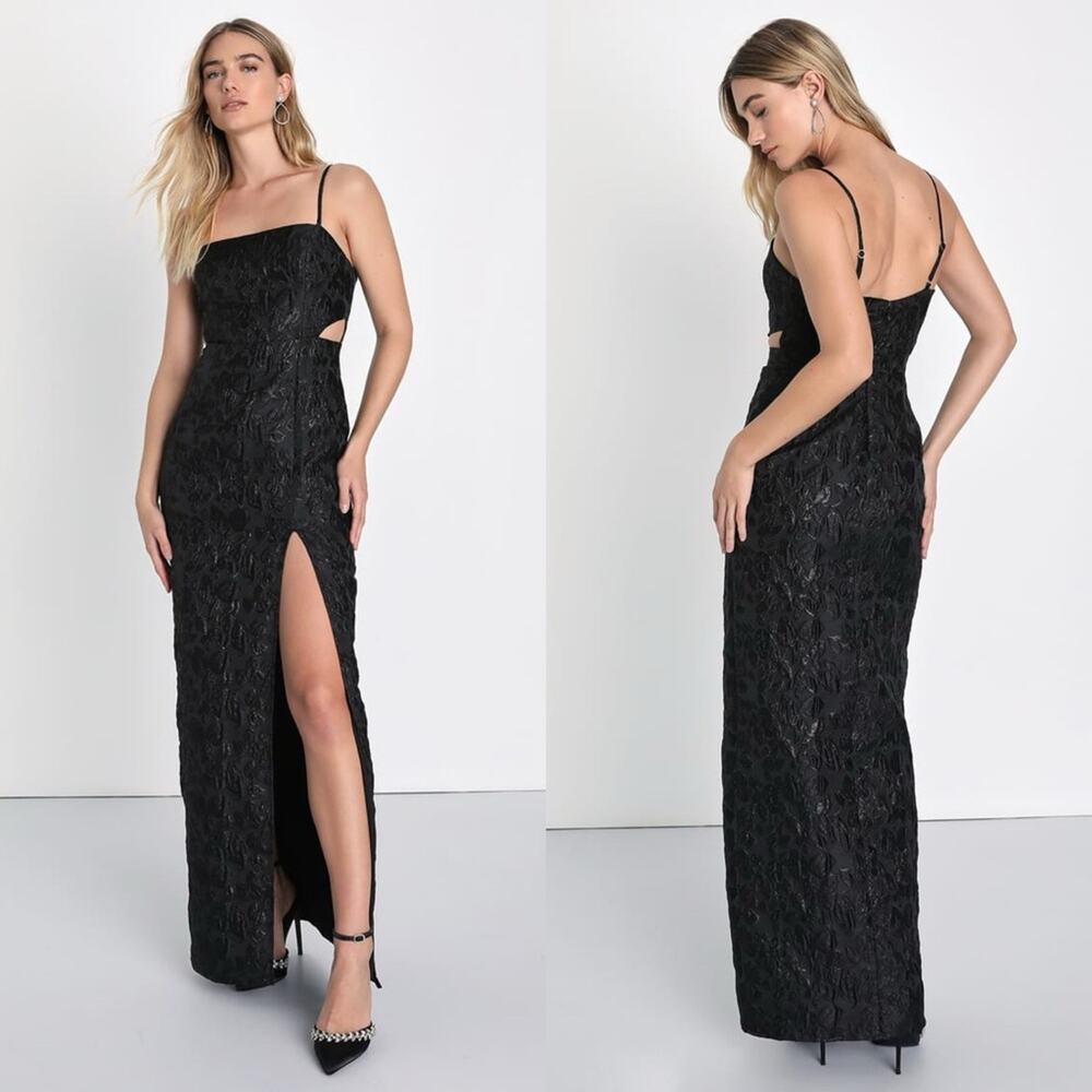 NWT Lulus Gorgeously Chic Floral Jacquard Cutout Maxi Dress in Black sz S